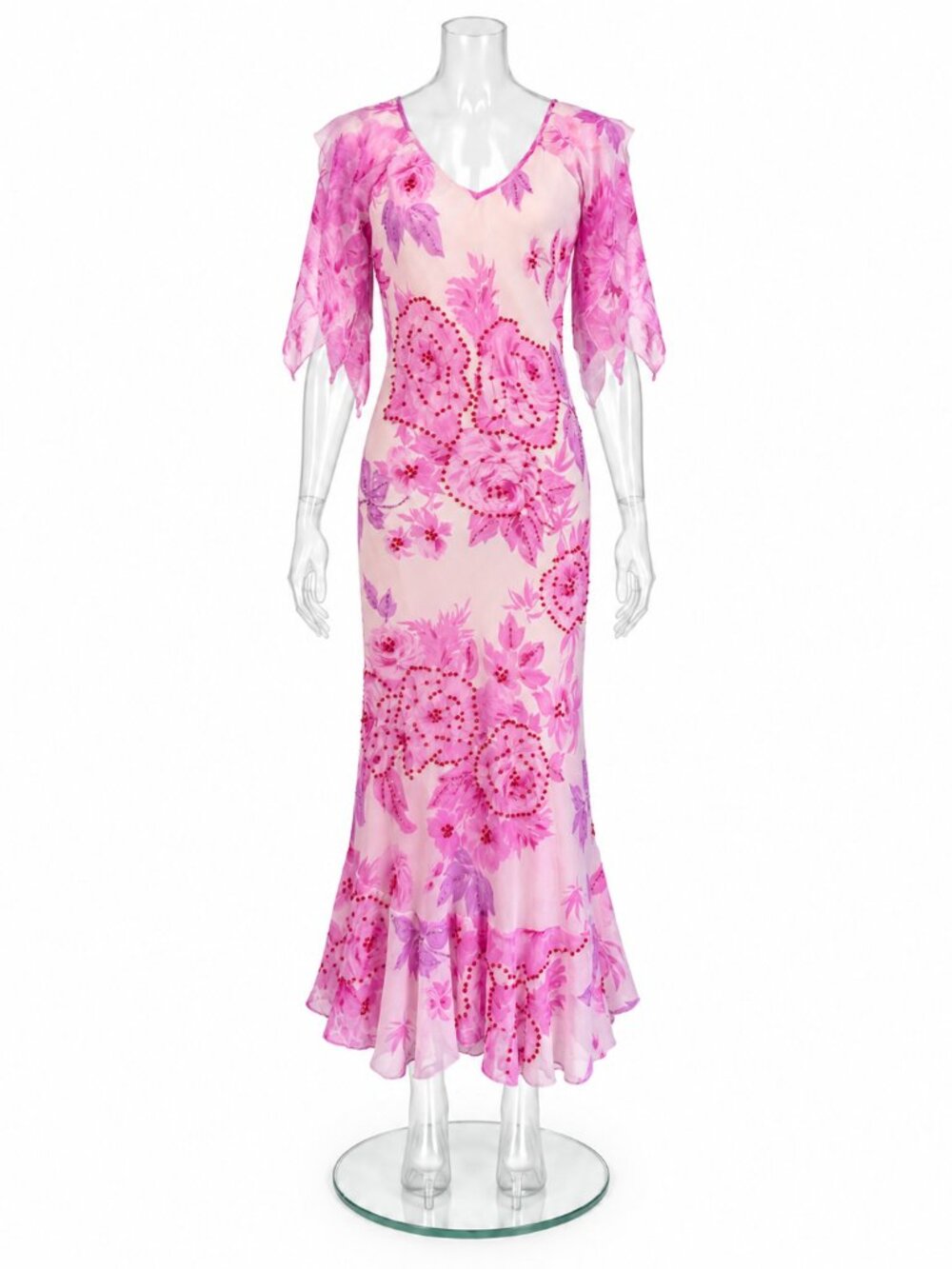 Vintage Manui Pink Floral Beaded Flutter Sleeve Dress